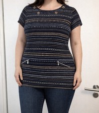 Damen-Top Bluse Dunkelblau Goldmuster 44/46 Zierösen & Reißverschlüssen Business