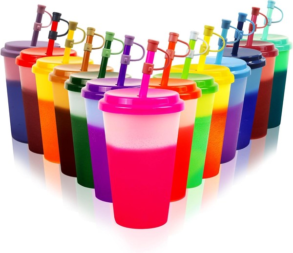 Farbwechselbecher 14 StüCk Trinkbecher Mit Deckel & Strohhalm 350Ml Party-image