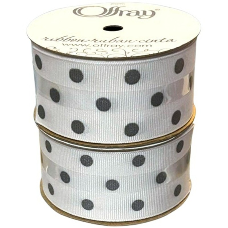 Lot of 2: Offray Ribbon SILVER DOTS ON WHITE Each 9-Ft.x1.5-in. GROSGRAIN ~ New