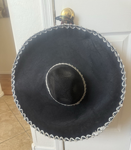 Black Felt Sombrero Hat w/ Silver Trim, Mexican Theme, One Size Halloween