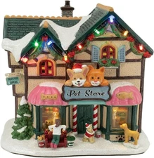 Holiday Pet Store Porcelain Christmas Village with LED Lights & Music