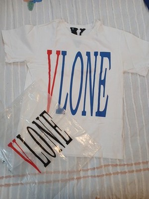 Vlone Mens Graphic T-Shirt White Blue Red Logo Streetwear Size Large with Bag