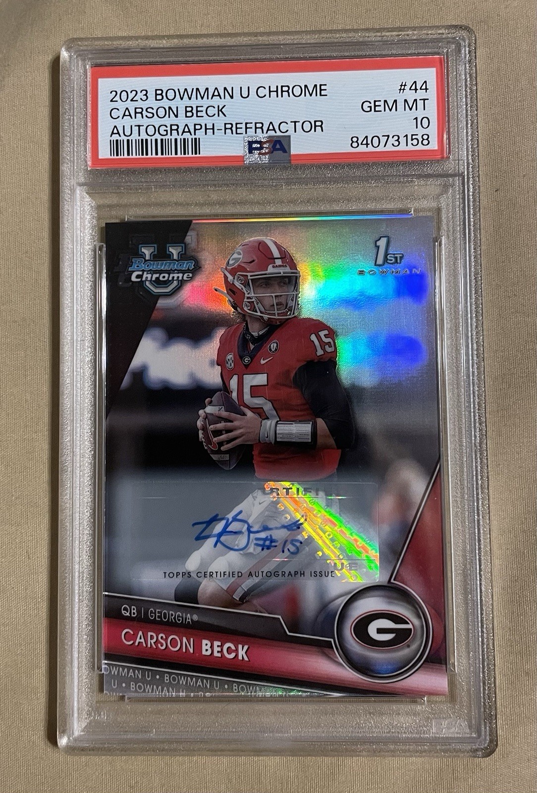2023 Bowman U Chrome Carson Beck #44 Refractor Autograph numbered /499 PSA 10
