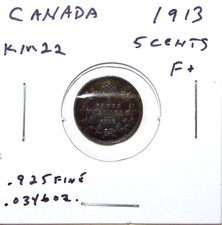 Canada 1913 5 Cents 5c .925 Silver F KM22 Free Shipping