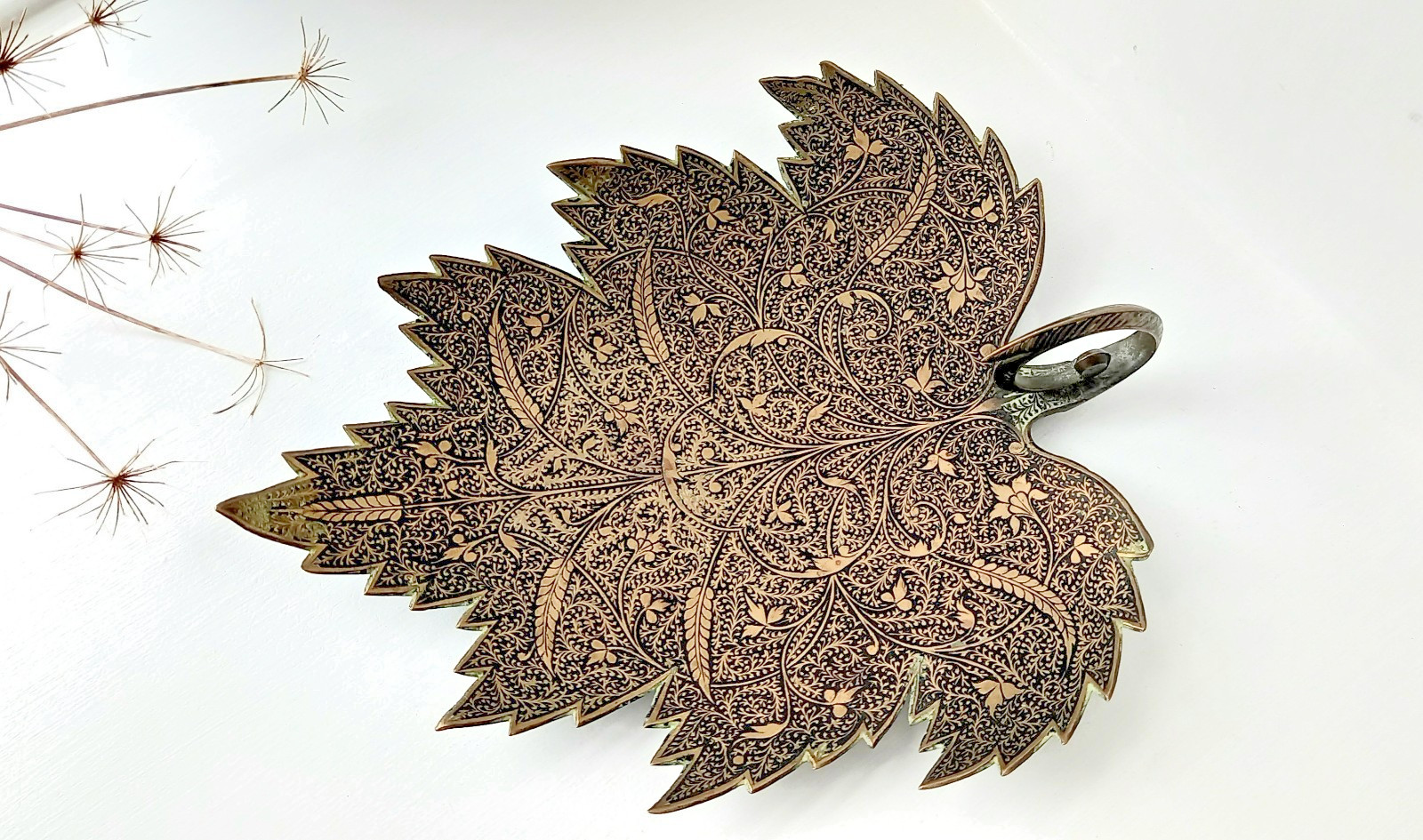 Antique Kashmiri brass sweetmeat dish in the shape of a Chinar leaf, scroll hand