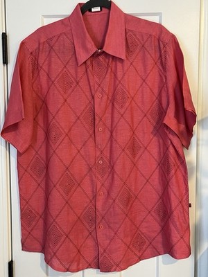 Torras Spain 100% Linen Short Sleeve Shirt Men's XL Argyle Print Burnt Orange