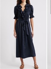 DÔEN Harriette Ruffle Pintuck Puff Sleeve Midi Dress Night Sky Black
