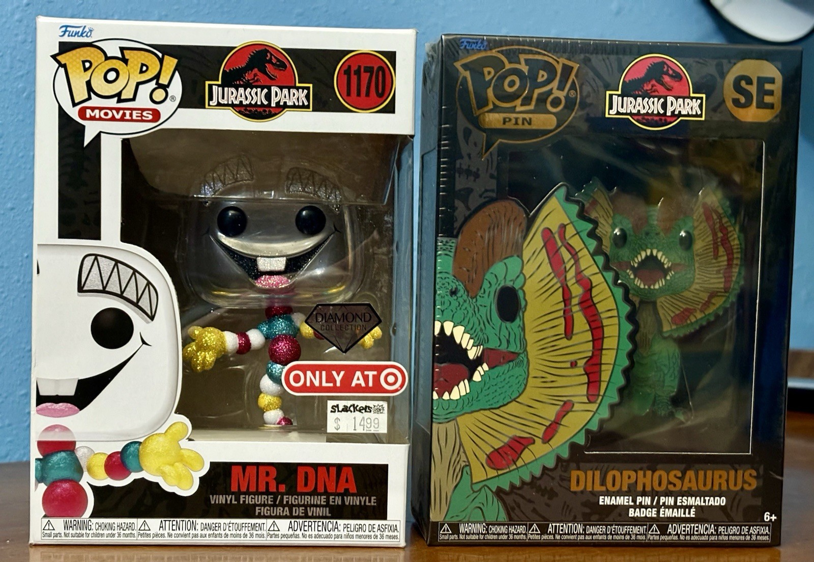 Funko Pop! Jurassic Park Mr DNA Diamond Glitter Exclusive & Bonus Enamel Pin Lot