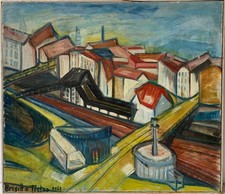 Brigitte Tietze West-Berlin Ölbild Schnellstraße mit Kreuzung 66,5 x 76 cm