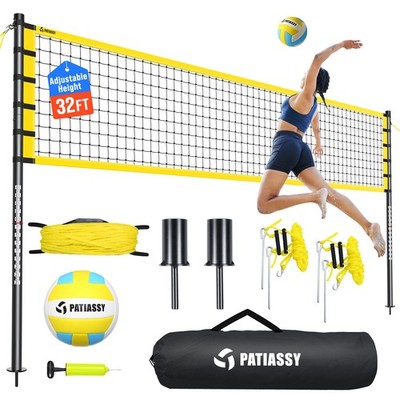 32' Professional Volleyball Net Outdoor Volleyball Set Poles & Ball, Bag, Pump