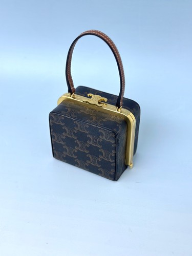 Celine Triomphe Minaudiere Brown Mini Top Handle Box Bag Canvas Authentic