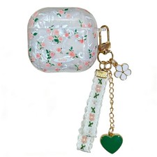 Rose Floral Pattern Case for AirPods 4 Pro 2 3, Protective Cover w/ Heart Chain
