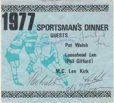 HUTT VALLEY MARIST 1977 SPORTSMAN'S SIGNED RUGBY DINNER MENU CARD + COA