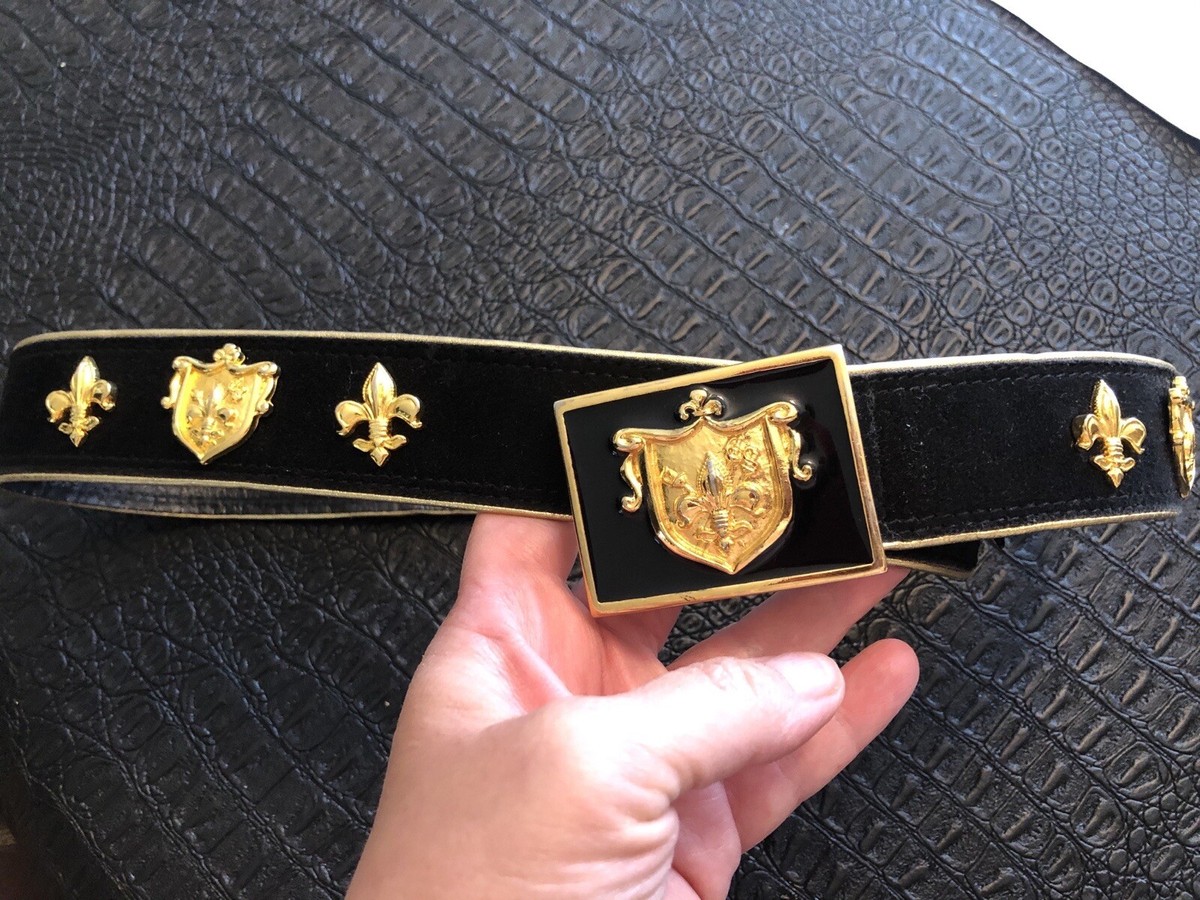 Escada black suede and gold belt 90s Escada Womens 36 Leather Suede Brass Crown Grommet Belt  main image 2