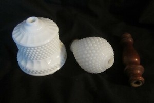 Vintage-Milk-Glass-Lamp-Parts-2-Hobnail-Glass-Pieces-and-1-Wooden-Spacer