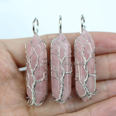 3pcs/lot Natural Rose Quartz Hexagonal Pointed Pendant Tree of Life Wire Wrapped