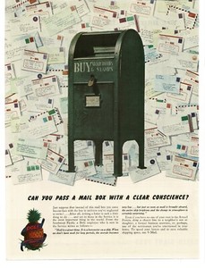 1945 Dole Pineapple Juice WWII Mailbox letters to Servicemen Buy War Bonds Ad