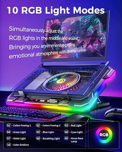 Gaming Laptop Cooling Pad with Full RGB Lights, Powerful Cooler Fan Stand for - Picture 7 of 8