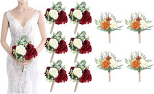 Burgundy  Orange Bridesmaid Bouquets - 10 Pcs Wedding Flower Set