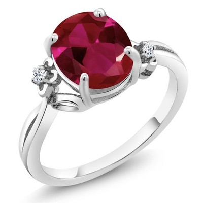 2.54 Ct Oval Red Created Ruby White Topaz 925 Sterling Silver Ring