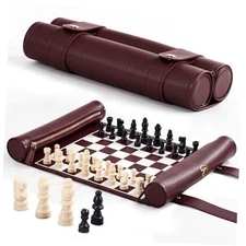 Roll Up Chess Set - 11" Foldable Leather Chess Mat with Wooden Chess Wine