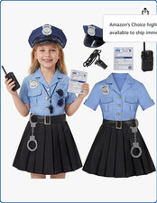 Blue Girls Police Costume  Toys 3-10 Kids Officer Cop Uniform Dress Halloween