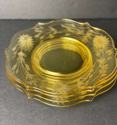 4 VTG '30s Depression Era LANCASTER JUBILEE TOPAZ YELLOW Etched Lunch Plates