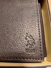 US POLO ASSN Black Leather Logo Embossed Trifold Wallet Men's NIB