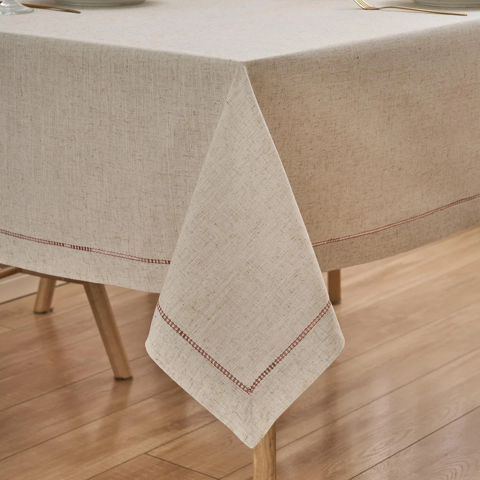 Christmas Natural Flax Linen Tablecloth – Undyed Square Hemstitch Table Cover... - Image 2 of 4