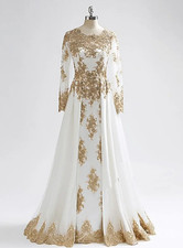 White And Gold Wedding Dresses Long Sleeves Jewel Neck Lace Appliques Crystal