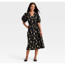 A New Day Women Black Yellow Floral Puff Sleeve Tiered Midi Dress Size M NWT