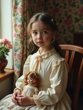 Photo 15×20 – Fillette à la poupée en robe crème – intérieur fleuri rétro chic.