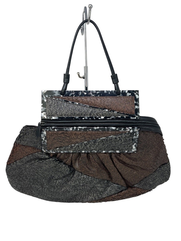 Fendi Brown Gray Textured Leather Convertible Hobo Clutch Purse