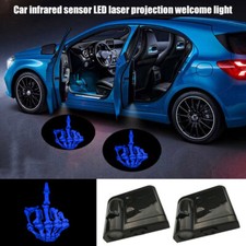 2x Blue Middle Finger Skull Logo Car Door Wireless Led Projection Welcome Light