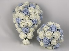 Wedding Flowers bouquets Ivory , Baby blue,  Bride  Bridesmaid  Flower-Girl Wand