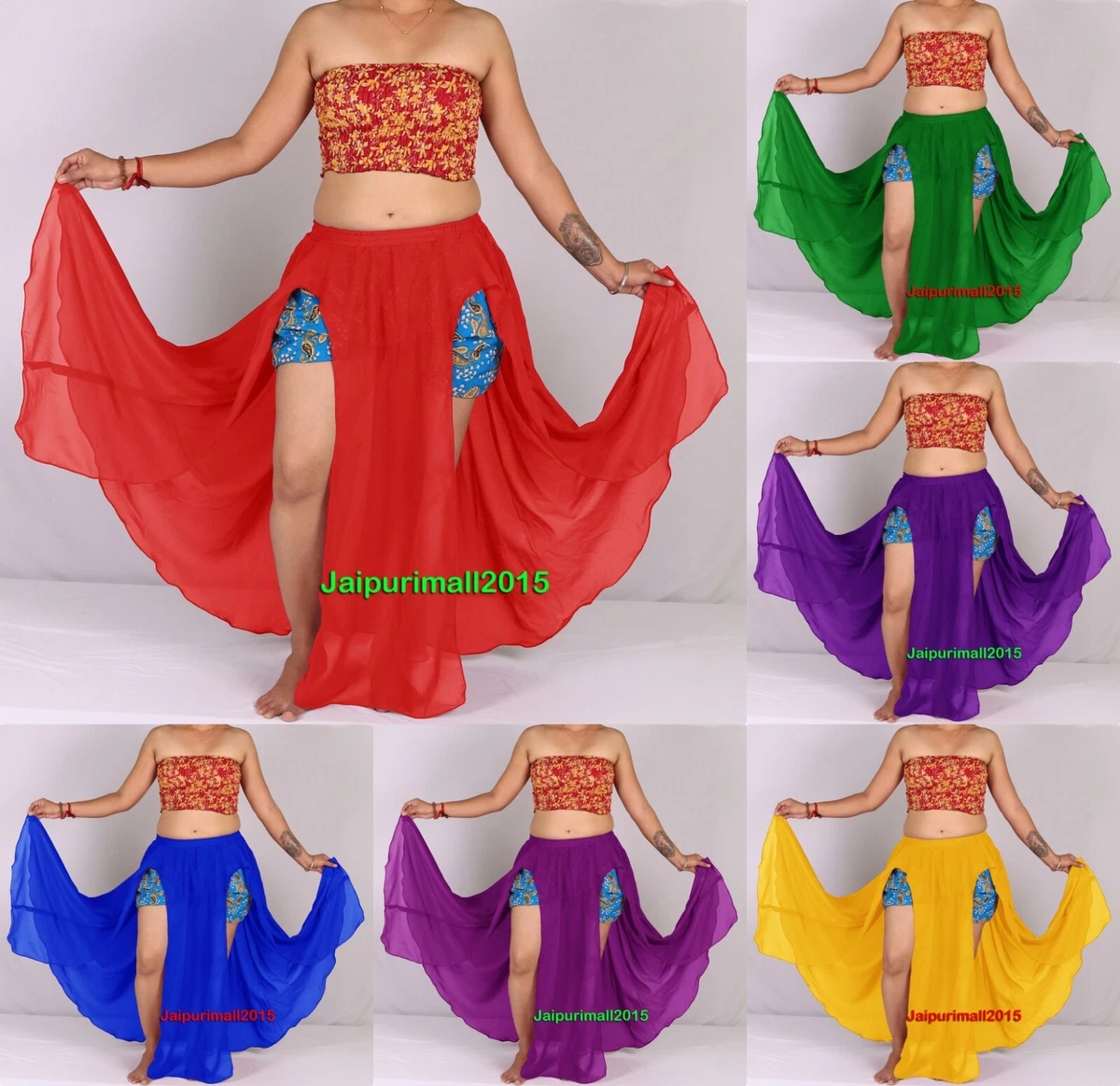 Chiffon 2 Front Slit Skirt Tribal Belly Dance Gypsy Boho Festival Dance Skirt