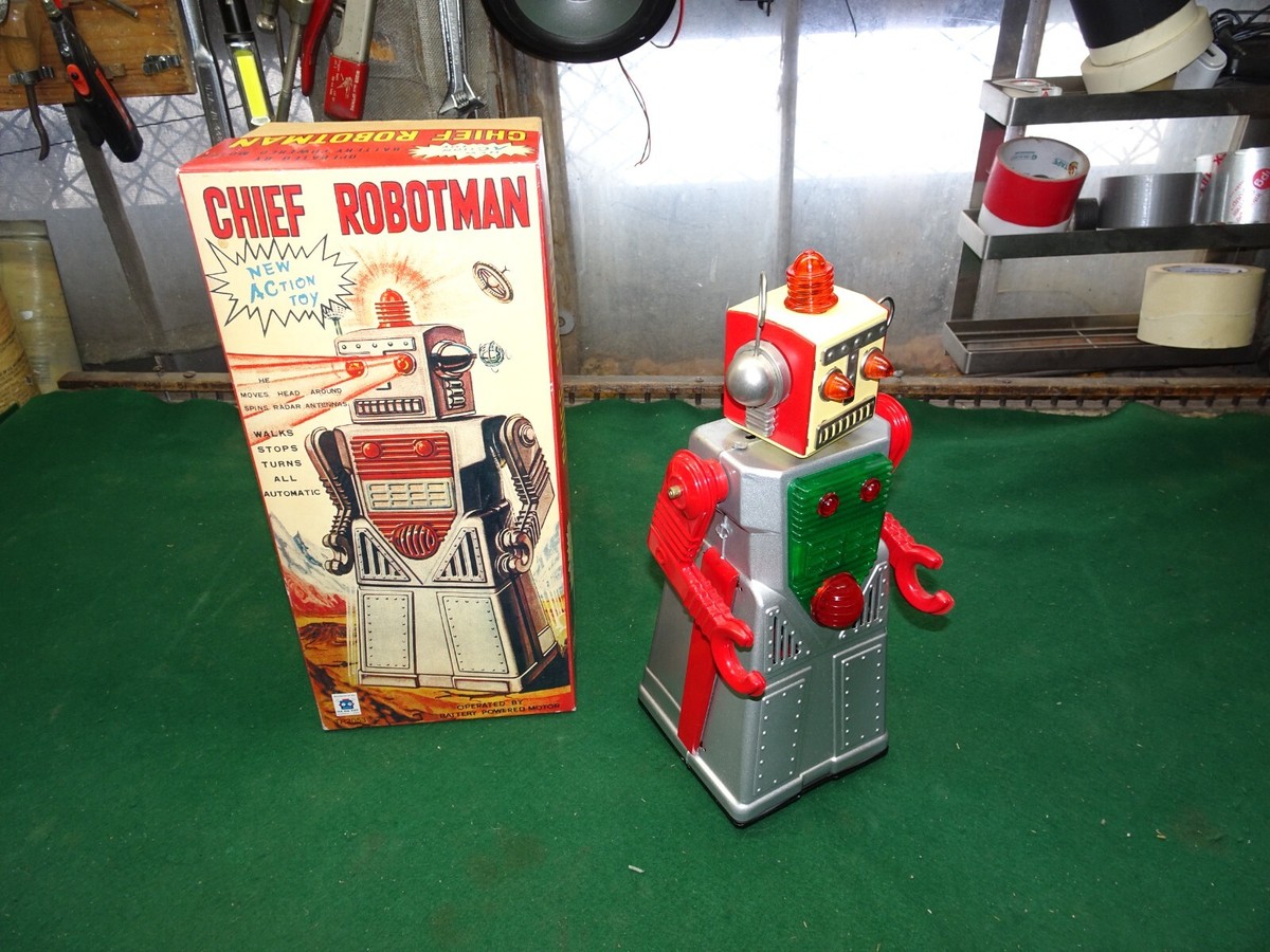 Chief Robotman Robot Battery Operated Tin Toy Blue Action Figure