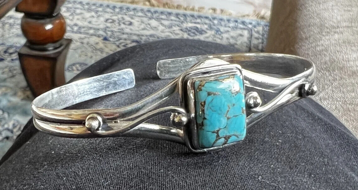 Nice Blue Copper Turquoise Gemstone 925 Sterling Silver Handmade Bracelet Cuff - Picture 3 of 3