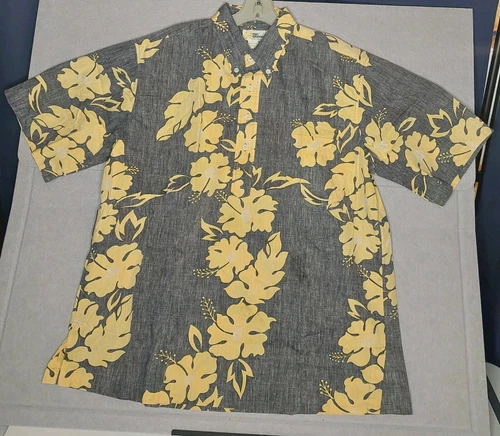 Reyn Spooner Hawaiian Shirt Pullover Charcoal/PeachyYellow Hibiscus Floral Sz XL