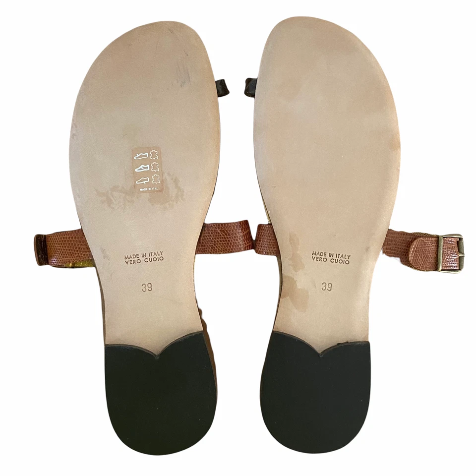 Vera Wang Brown Embossed Leather Toe Ring Slide Sandals Size 39 US 7 Made Italy - Image 3 of 4