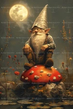 LUCKY MUSHROOM GNOME ART PRINT, Magical Elf Wall Decor, Fairy Forest Poster D225