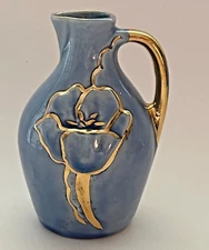 Gold & Blue Pitcher Bud Vase w/Handle  Raised Flower Design  5" Pottery Vintage