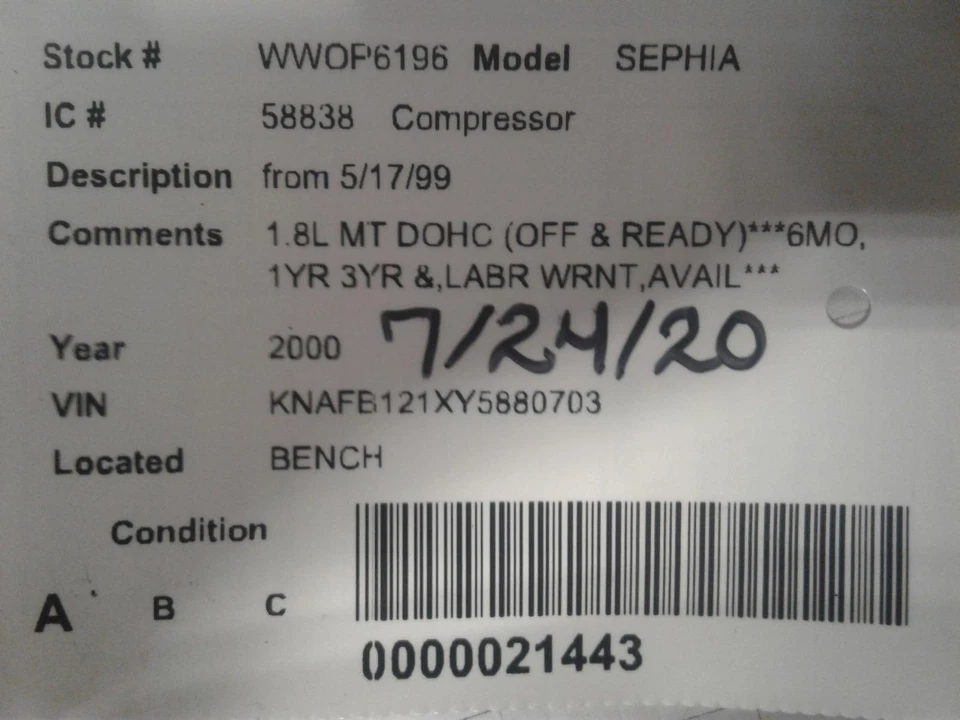 Used A/C Compressor fits: 2000 Kia Sephia from 5/17/99 Grade A - Image 4 of 4