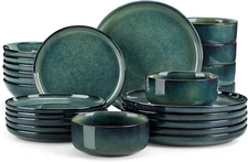 Starry Plates and Bowls Sets for 6, 24 Pieces Dinnerware Sets, Green Reactive Gl
