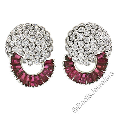 RCM 18K White Gold GIA Baguette Ruby & Bezel Diamond Cluster 8.35ctw Earrings