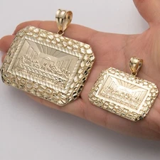 Rectangle Last Supper Textured Nugget Charm Pendant Real Solid 10K Yellow Gold