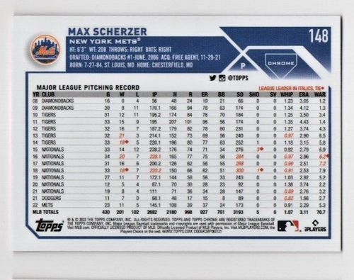 2023 Topps Chrome Pink Refractor Max Scherzer Mets A-1677 - Picture 2 of 2