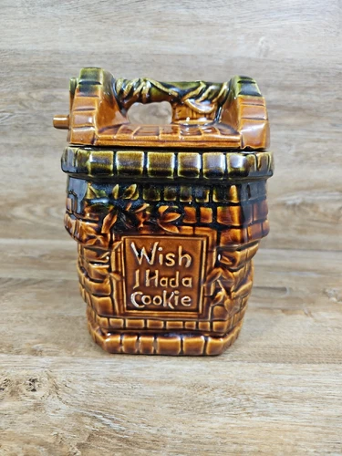 1950s McCoy USA Wishing Well Porcelain Cookie Jar w/ Lid  10” Tall Vintage