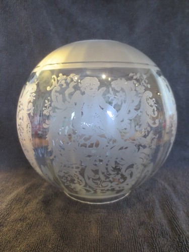 SUPERB DELICATE ORIGINAL ANTIQUE CHERUB RIBBED ACID ETCHED DUPLEX OIL LAMP SHADE - Picture 9 of 15