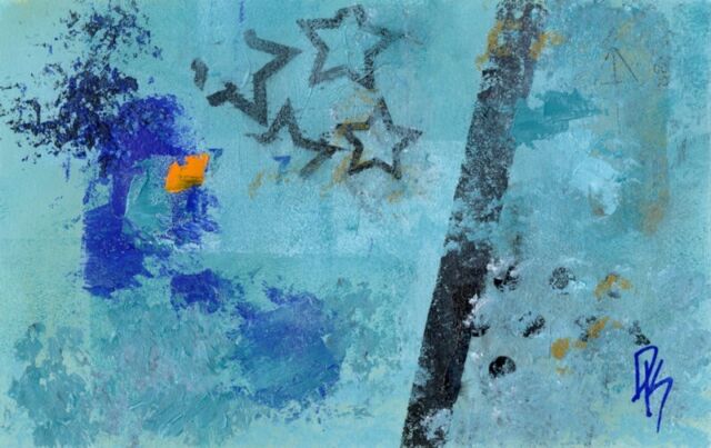 Original Acrylic Painting "Whatsit Blue #2" Abstract Mixed Media Collage 10x6.4
